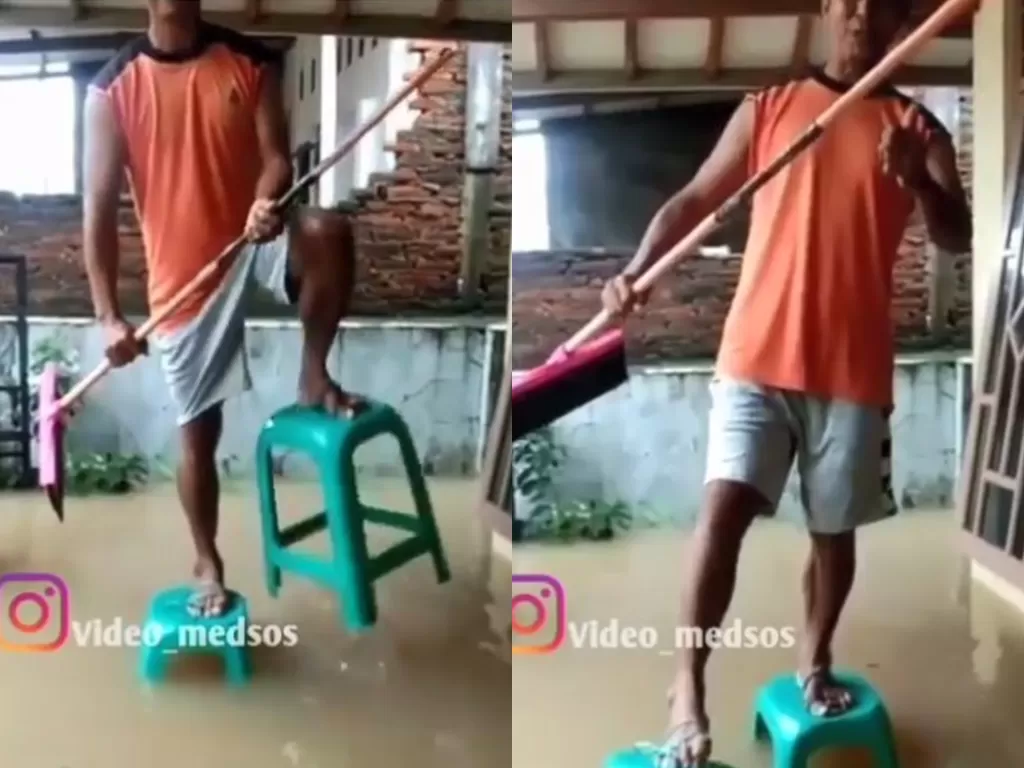 Pria ini sulap kursi plastik jadi sandal anti banjir (Instagram/video_medsos)