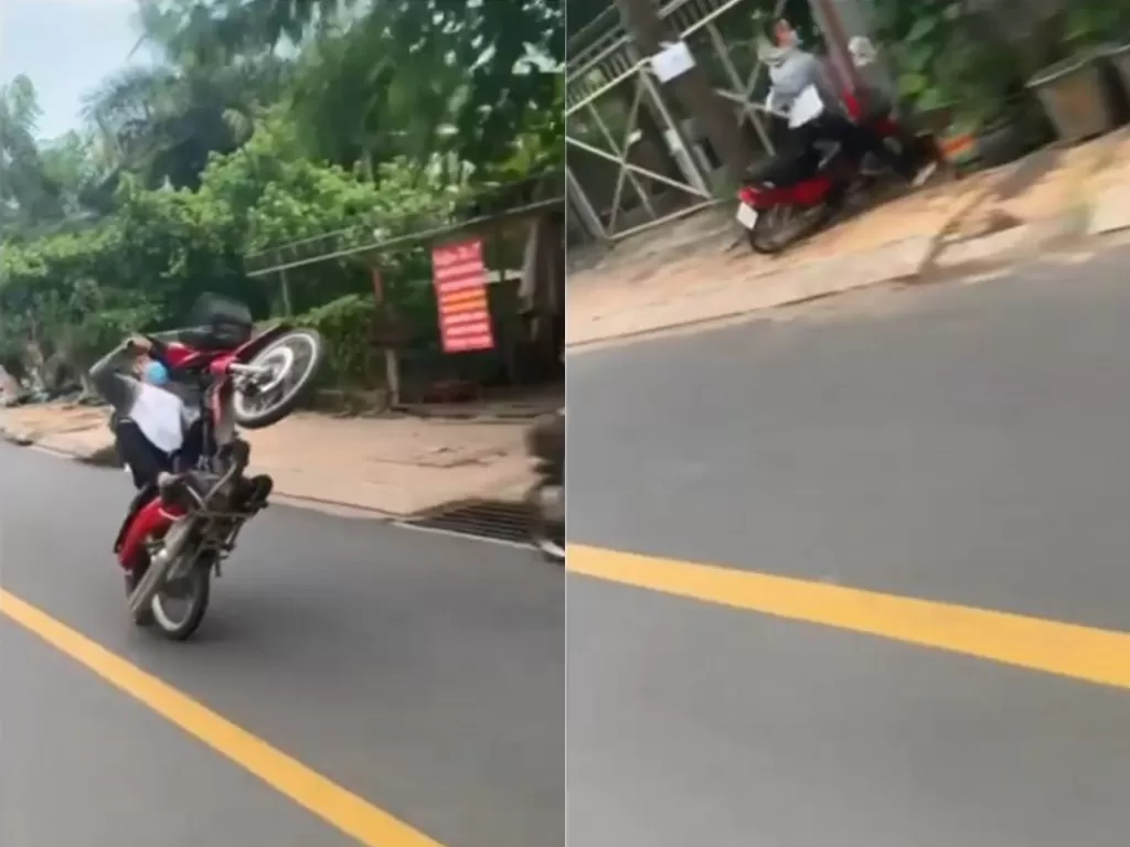 Pemuda pengendara motor tersungkur usai lakukan aksi wheelie di jalan raya (Instagram/smart.gram)