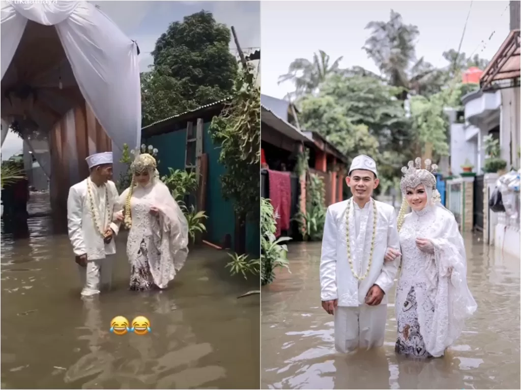 Cuplikan video pasangan yang menikah disaat banjir. (photo/TikTok/@tikaathaya)
