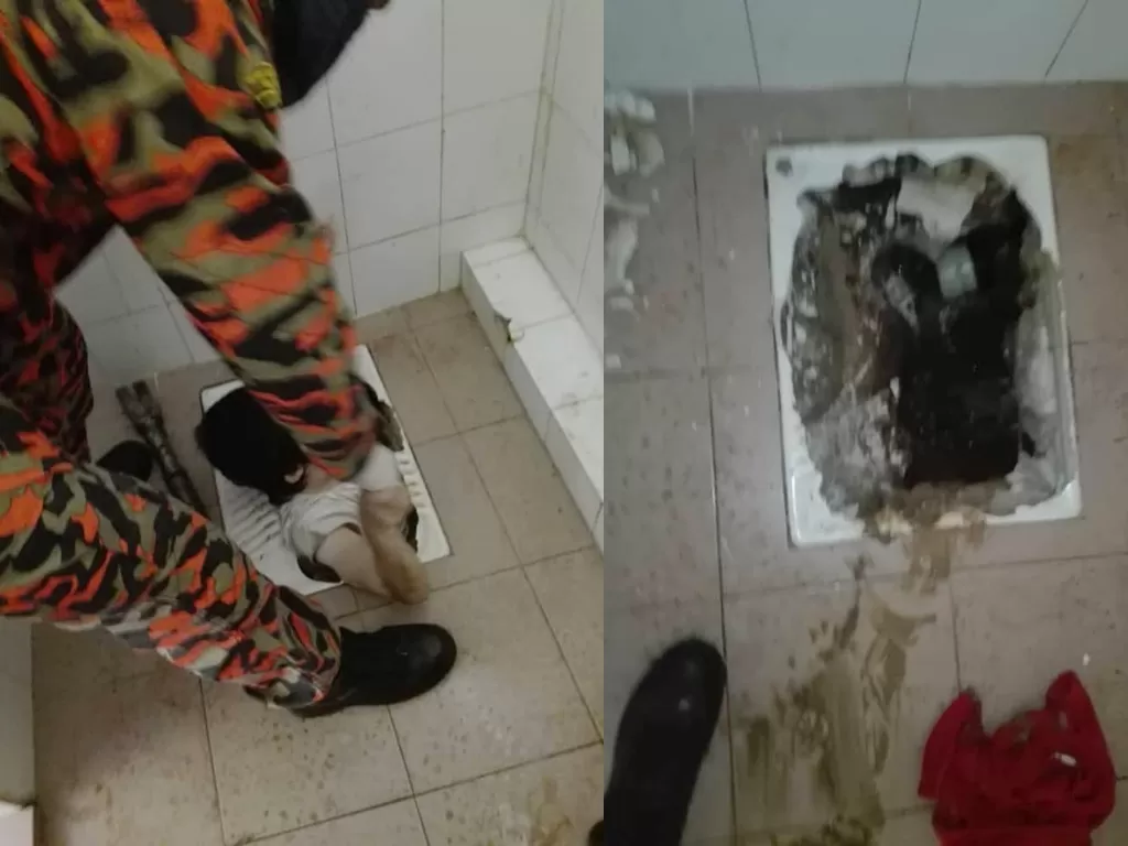 Wanita jatuh ke dalam toilet jongkok (Facebook/Balai Bomba Bkl)