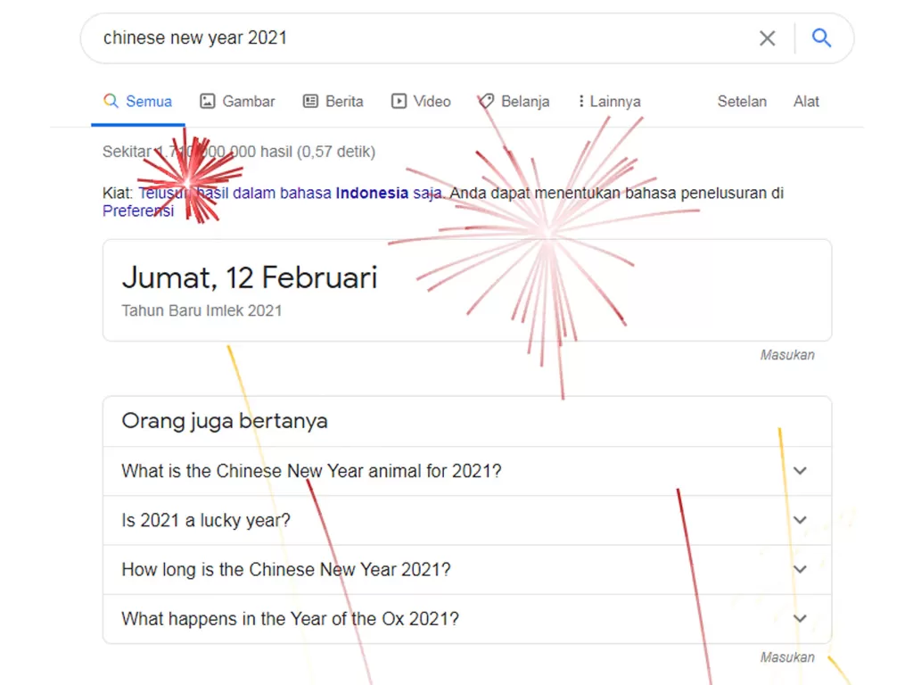 Tampilan kembang api di pencarian Google dengan keyword Imlek 2021 (photo/Screenshot/INDOZONE)