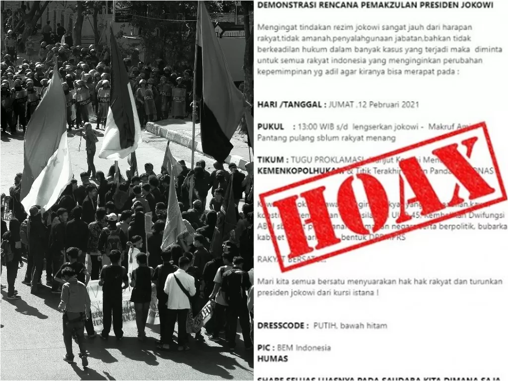  Kiri: Ilustrasi demo. (photo/Unsplash/@waliyadnan). Kanan: Tangkapan layar hoaks tentang BEM gelar aksi pemakzulan Jokowi 12 Februari (photo/Twitter)