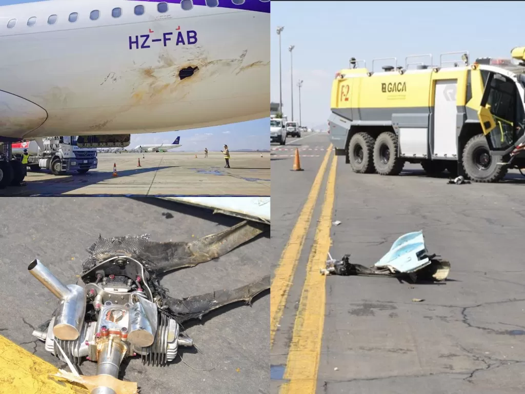 Serangan drone Houthi ke pesawat sipil di Arab Saudi (Twitter/@SaudiEmbassyUSA/@mokharshum)