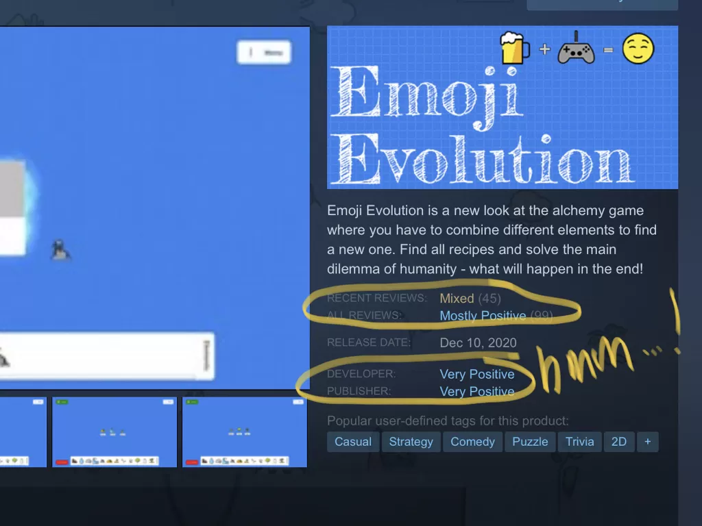 Halaman game Emoji Evolution buatan Very Positive di Steam (photo/Twitter/@patrickklepek)
