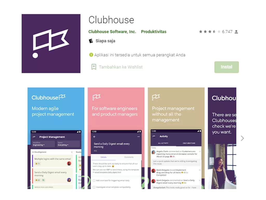 Aplikasi project management, Clubhouse di Google Play Store (photo/Google Play Store)