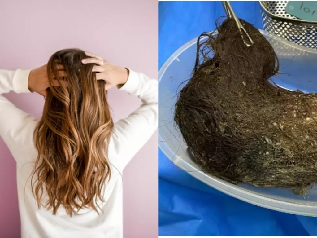 Kolase ilustrasi rambut panjang dan gumpalan rambut. (Unsplash dan Mashable).