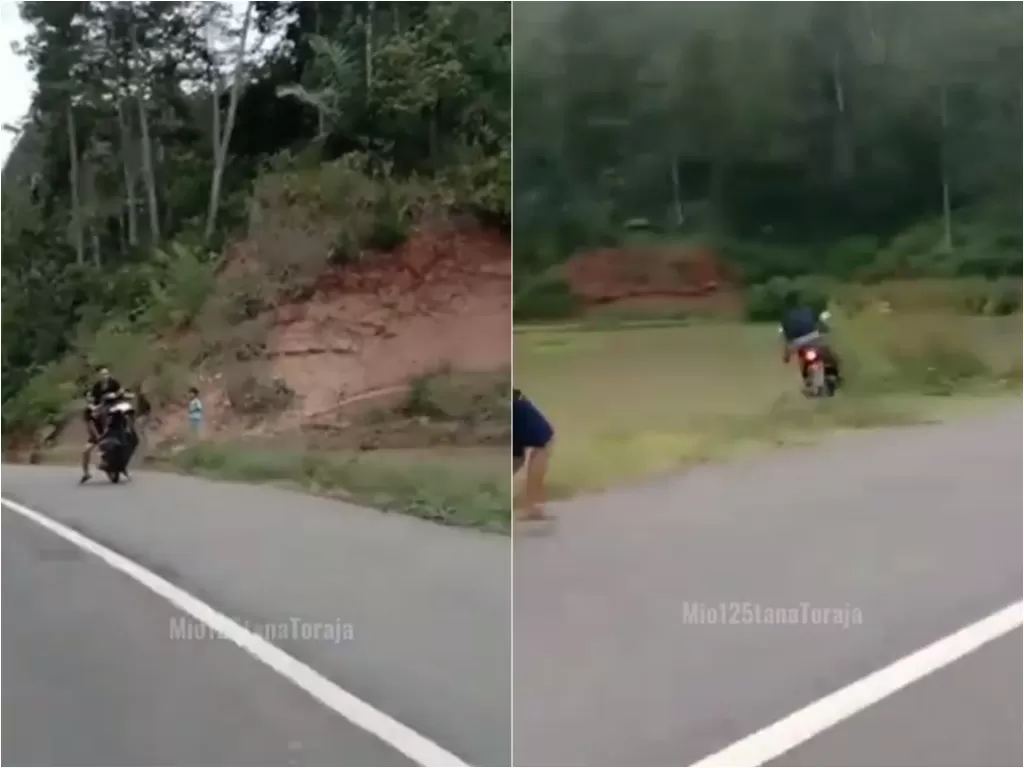 Video pemuda yang wheelie jatuh ke empang. (photo/Instagram/@mio125tanatoraja)