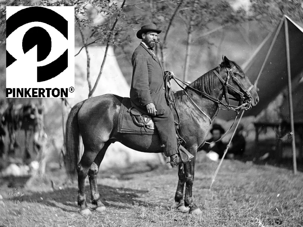 Sosok Allan Pinkerton pendiri agensi detektif Pinkerton. (Wikipedia), Insert: Logo Pinkerton (Wikipedia).