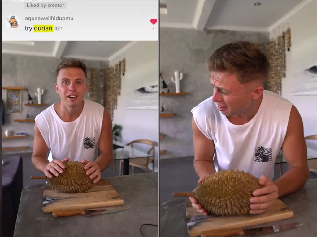 Cuplikan video bule yang coba makan durian pertama kali. (photo/TikTok/@laurence_benson)