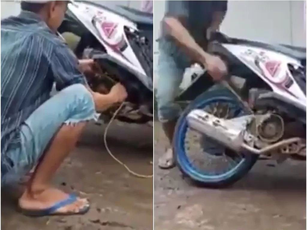 Seorang pria mengengkol mesin motor matic dengan tali (tangkapan layar)