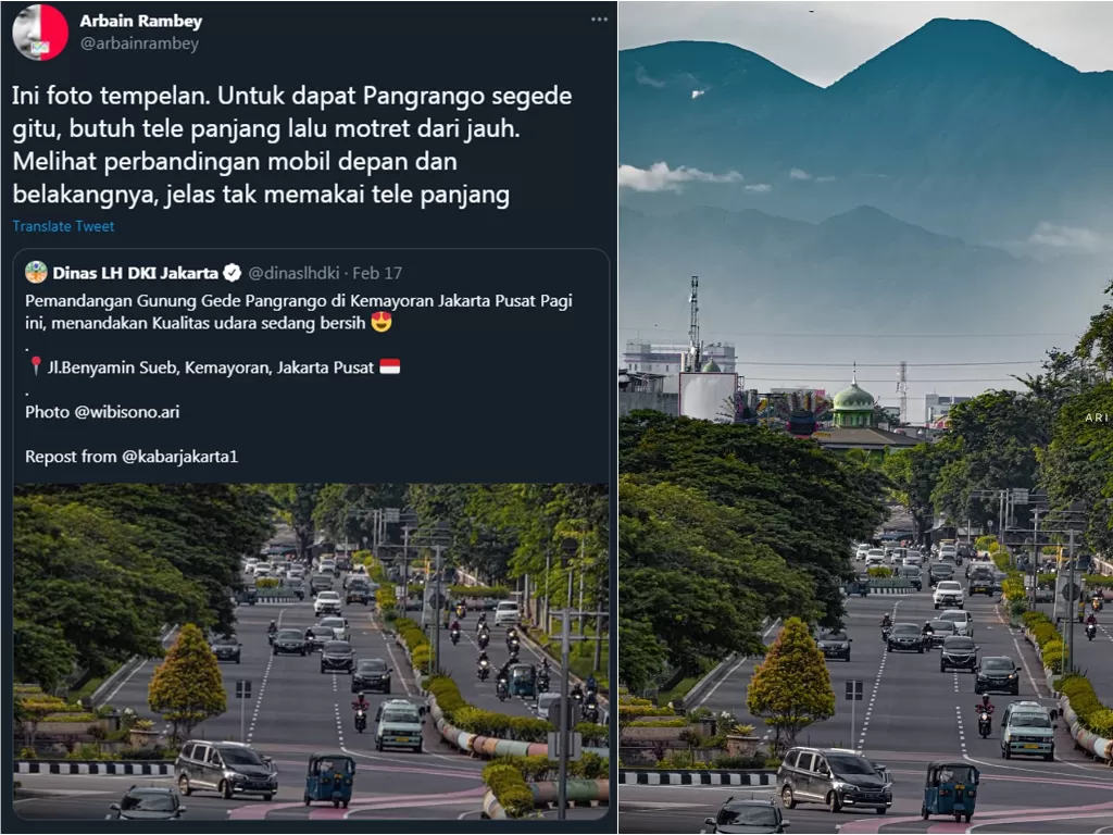 Kiri: Tudingan tempelan oleh Arbain (Twitter/@arbainrambey) / Kanan: Gunung Gede Pangrango terlihat dari Jakarta (Instagram/wibisono.ari)