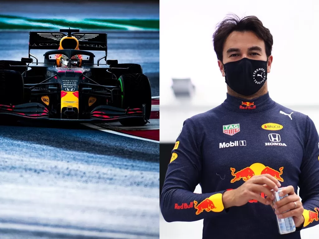 Tampilan mobil balap Red Bull (kiri) dan pembalap terbaru Red Bull, Sergio Perez (kanan). (photo/Instagram/@redbullracing/@schecoperez)