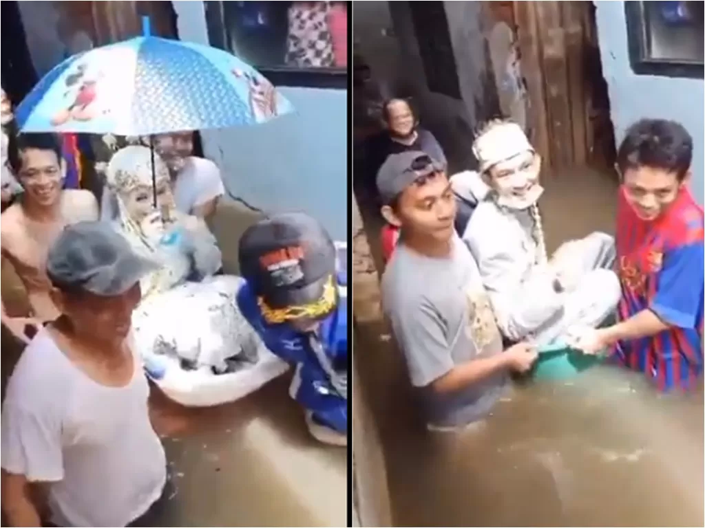 Cuplikan video viral menikah ditengah banjir. (photo/Twitter/@Windysatria)