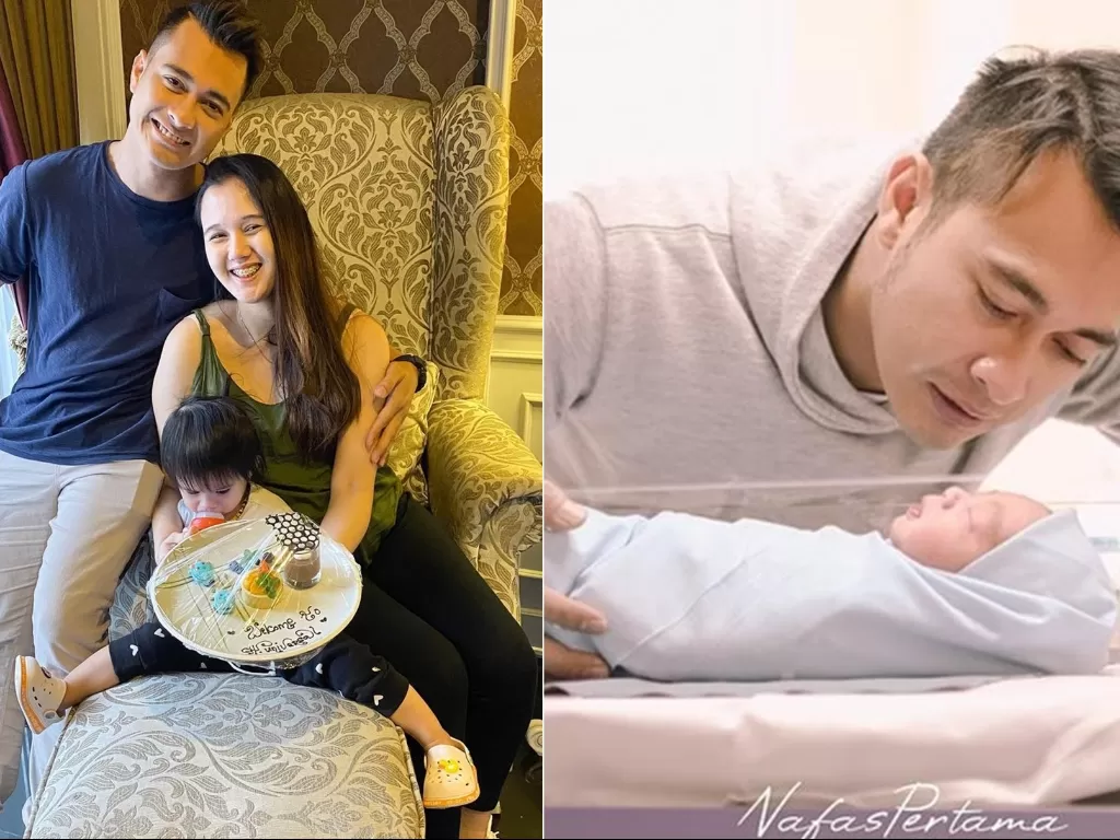 Kiri: Keluarga Eza Gionino. Kanan: Eza Gionino dan anak keduanya yang baru lahir. (Instagram/@ezagio)