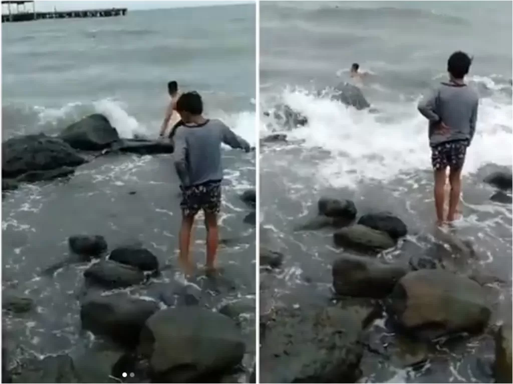 Cuplikan video pemuda yang selamatkan bocah yang tenggelam di laut. (photo/Instagram/@makassar_iinfo)