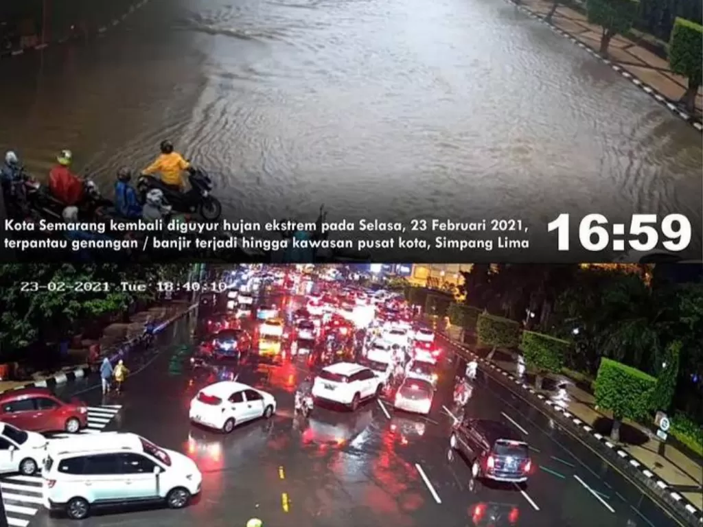 Penampakan kawasan Simpang Lima saat banjir dan sesudah air surut. (Twitter/@ganjarpranowo)