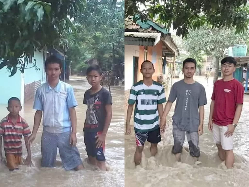 Tiga pemuda foto di genangan banjir dari tahun ke tahun (Instagram/agoez_bandz4)