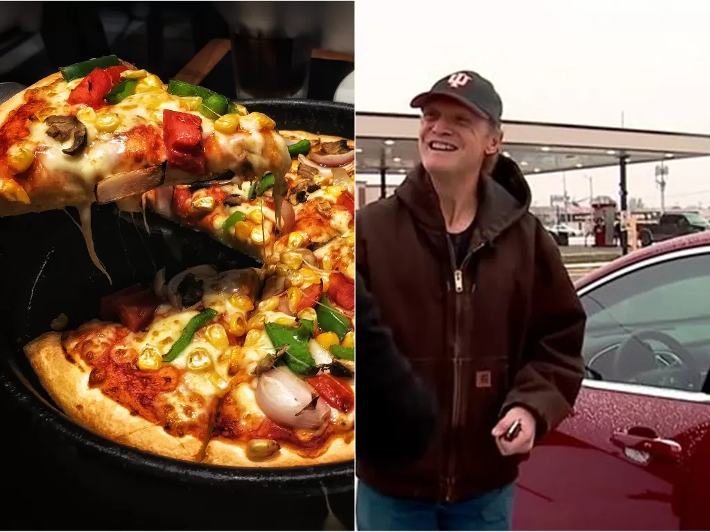 Ilustrasi pizza (kiri), Robert Peters, kurir yang dapat tip mobil dari pelanggannya. (Unsplash/@karthikgarikapati/CBS NEWS)