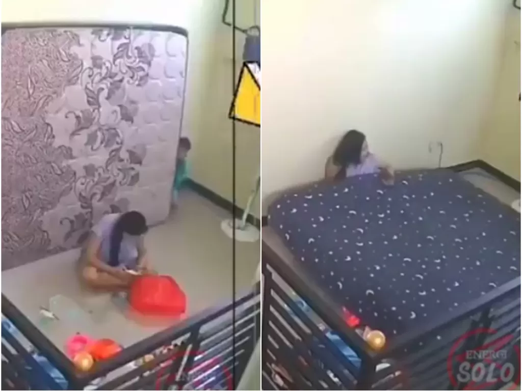 Detik-detik bayi menjatuhkan kasur dan menimpa seorang wanita (Tangkapan layar)