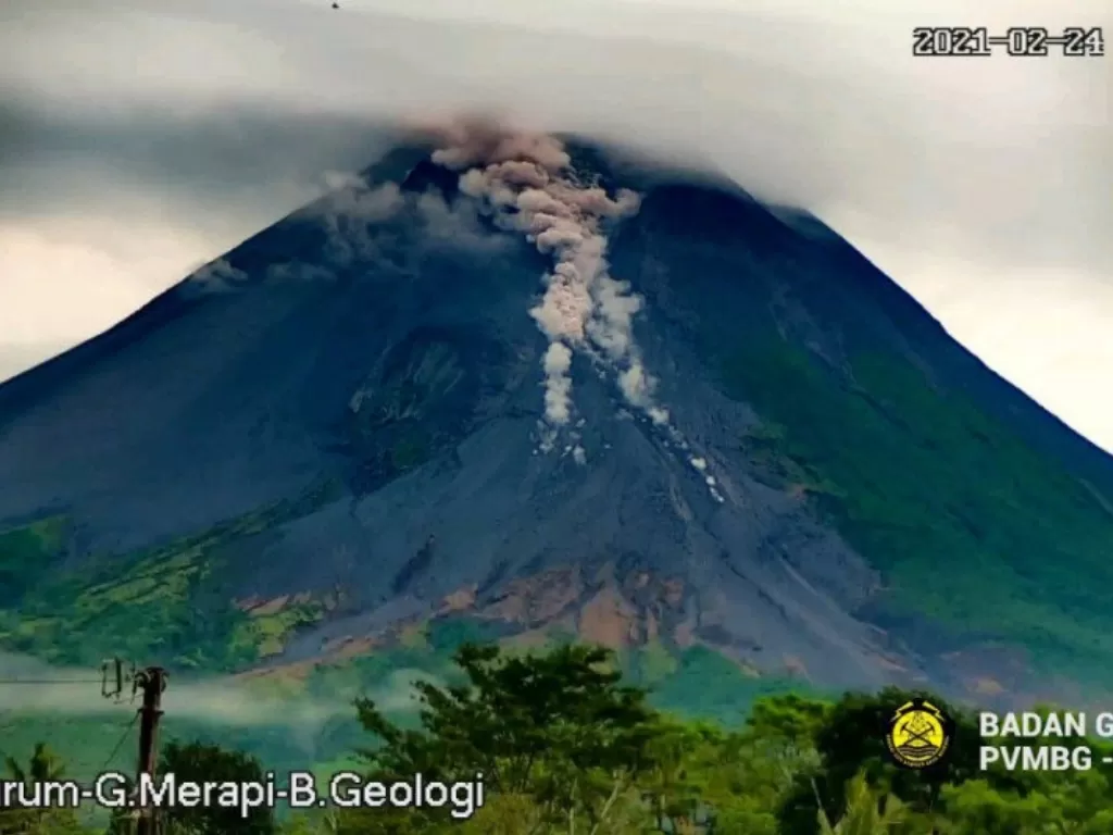  Gunung Merapi mengeluarkan awan panas guguran dengan jarak luncur sampai 800 meter ke arah barat daya atau ke arah hulu Kali Krasak dan Boyong pada Rabu (24/2/2021) pagi. (BPPTKG) 