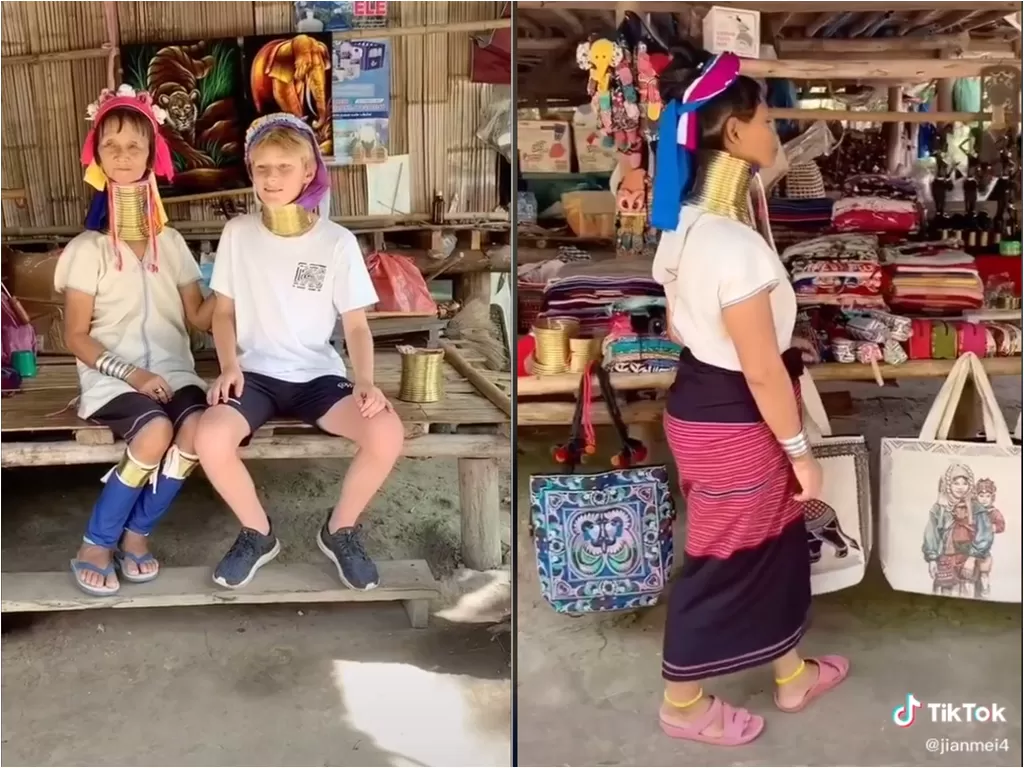 Video turis duduk bersama wanita suku Karen di Thailand. (photo/TikTok/@jianmei4)