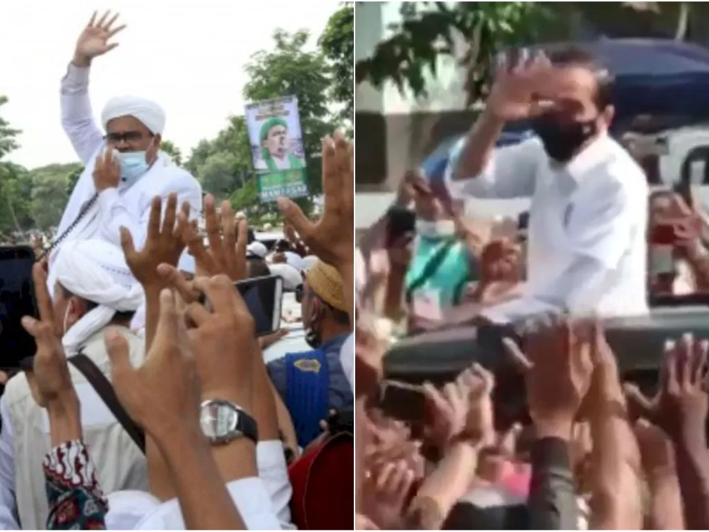 Kerumunan HRS (kiri) dan kerumunan kunjungan Jokowi (kanan). (ist)