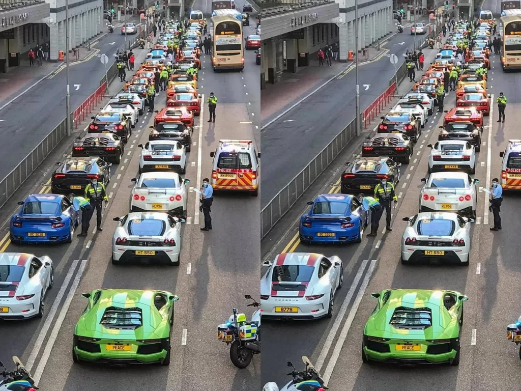 Tampilan 45 Supercar yang dicegat polisi Hongkong. (photo/Dok. South China Morning Post)