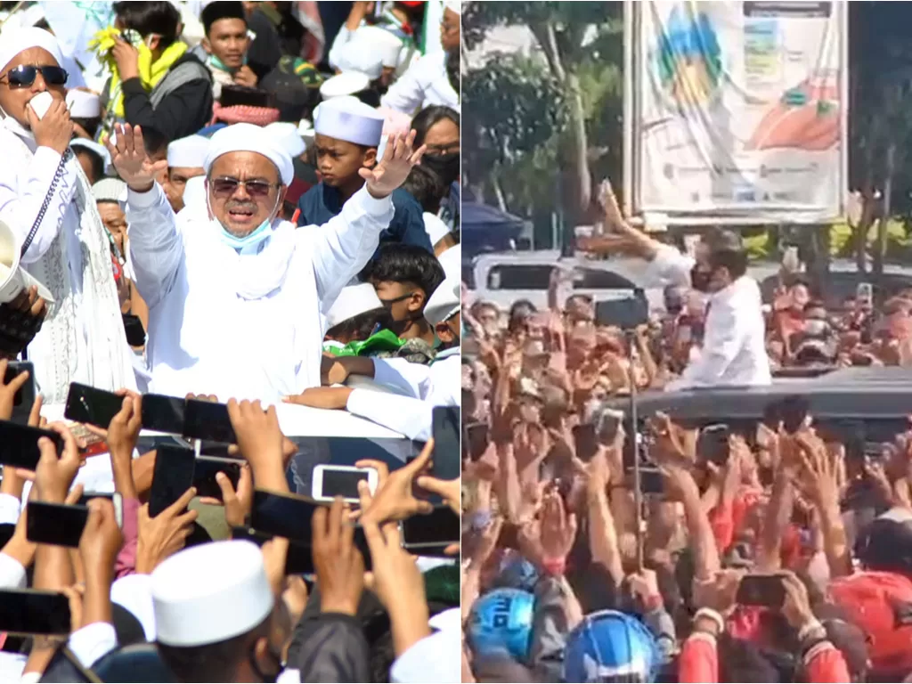 Kiri: Kerumunan Rizieq Shihab (Antara/Arif Firmansyah) / Kanan: Kerumunan Jokowi di Maumere (Istimewa)