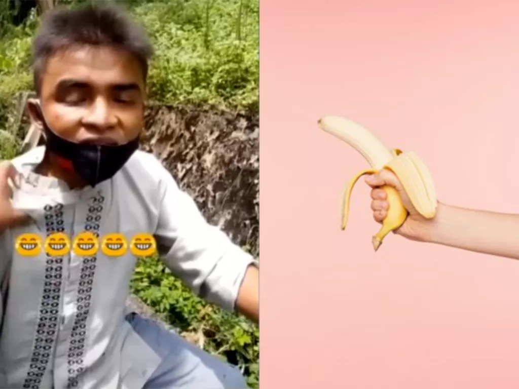 Kiri: Tangkapan layar video pria yang sedang diinterogasi. (Instagram/@dagelancendol) / Kanan: Ilustrasi pria sedang pegang pisang. (Freepik)