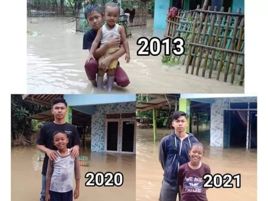 Foto kakak adik yang disebut tumbuh bersama banjir. (Facebook/Dimas Anugrah)