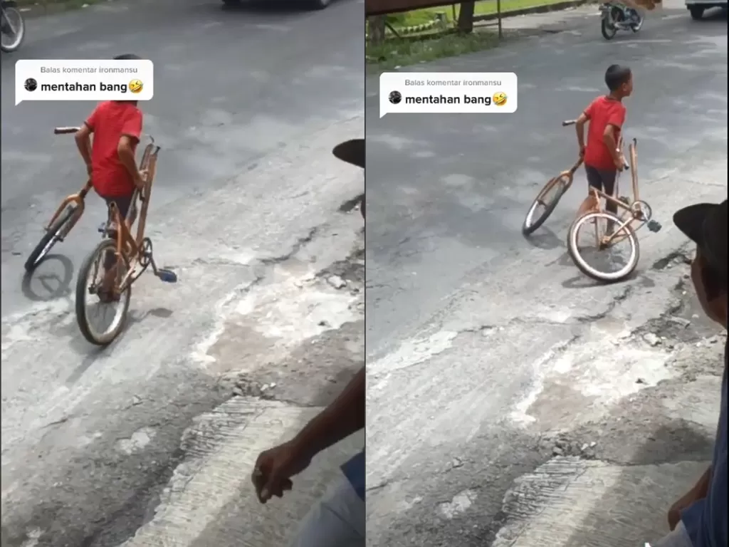 Bocah laki-laki nangis di pinggir jalan sambil tenteng sepedanya yang terbelah dua (Tiktok/andrealosss)