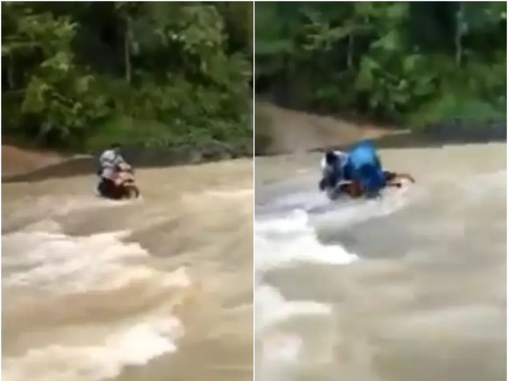 Seorang guru terjatuh saat menyeberangi sungai dengan motor (Tangkapan layar)