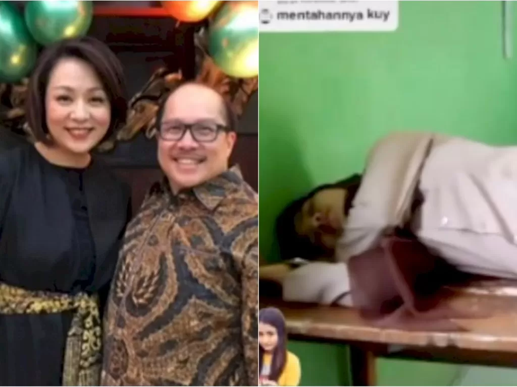 Kiri: Rina Lauwy dan suaminya yang merupakan Dirut PT Taspen, Antonius Kosasih (Tiktok) / Kanan: Tangkapan layar video siswi tertidur di dalam kelas. (Instagram/@dagelancendol)