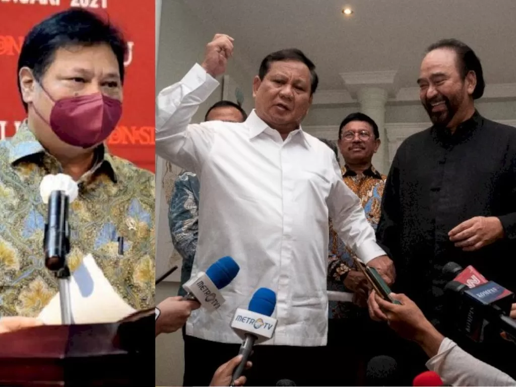 Menteri Airlangga Hartarto (Instagram/airlanggahartarto_official), Prabowo dna Surya Paloh. (ANTARA FOTO/Dhemas Reviyanto).