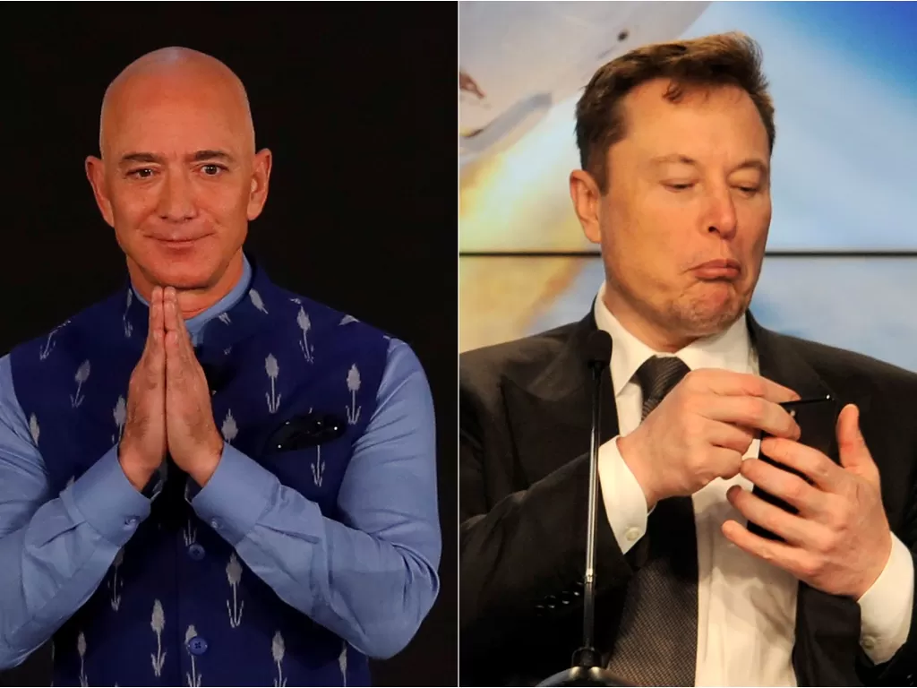 Kiri: Jeff Bezos (REUTERS/Anushree Fadnavis) / Kanan: Elon Musk (Steve Nesius)