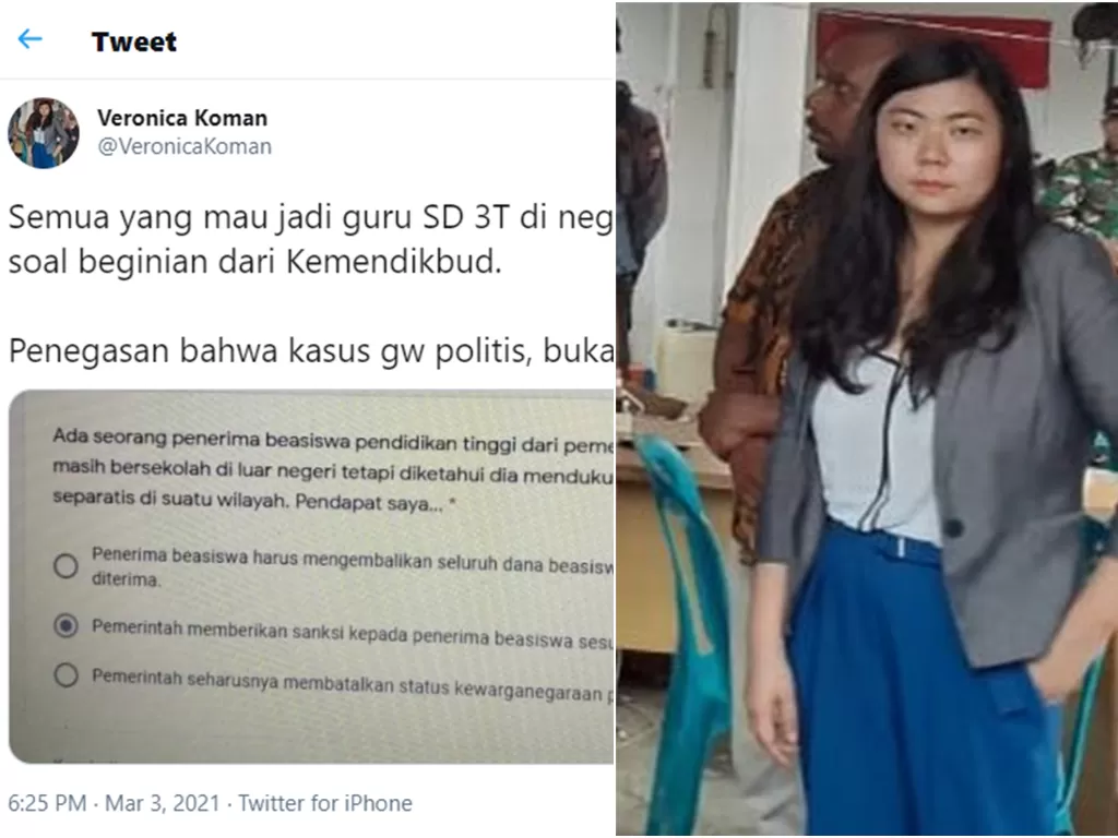Veronica Koman soroti soal untuk calon guru SD 3T. (Twitter)