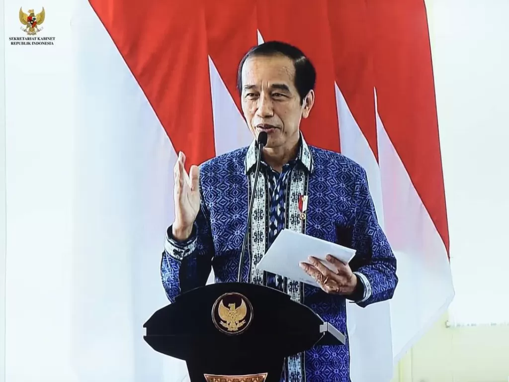 Presiden Jokowi saat menghadiri Peresmian Pembukaan Rapat Kerja Nasional XVII Himpunan Pengusaha Muda Indonesia (HIPMI) Tahun 2021, di Istana Negara, Jakarta, Jumat (5/3/2021) pagi.(photo/Instagram/@sekretariat.kabinet)