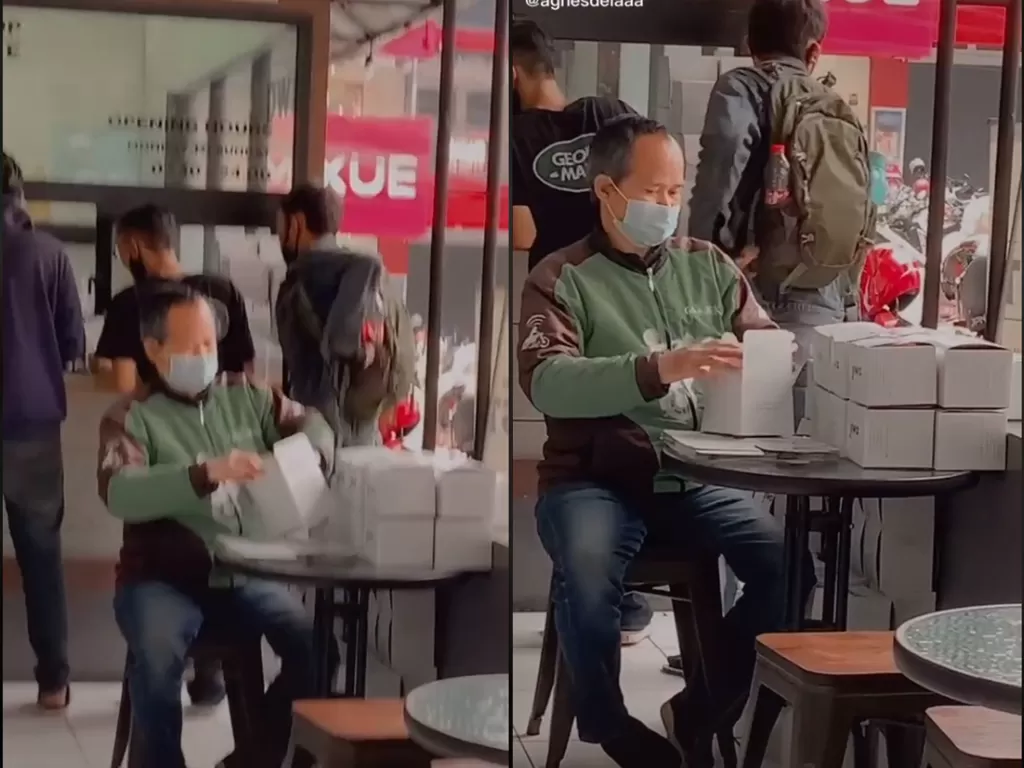 Video viral driver ojol yang bantu lipat boks makanan. (photo/TikTok/@agnesdelaaa)