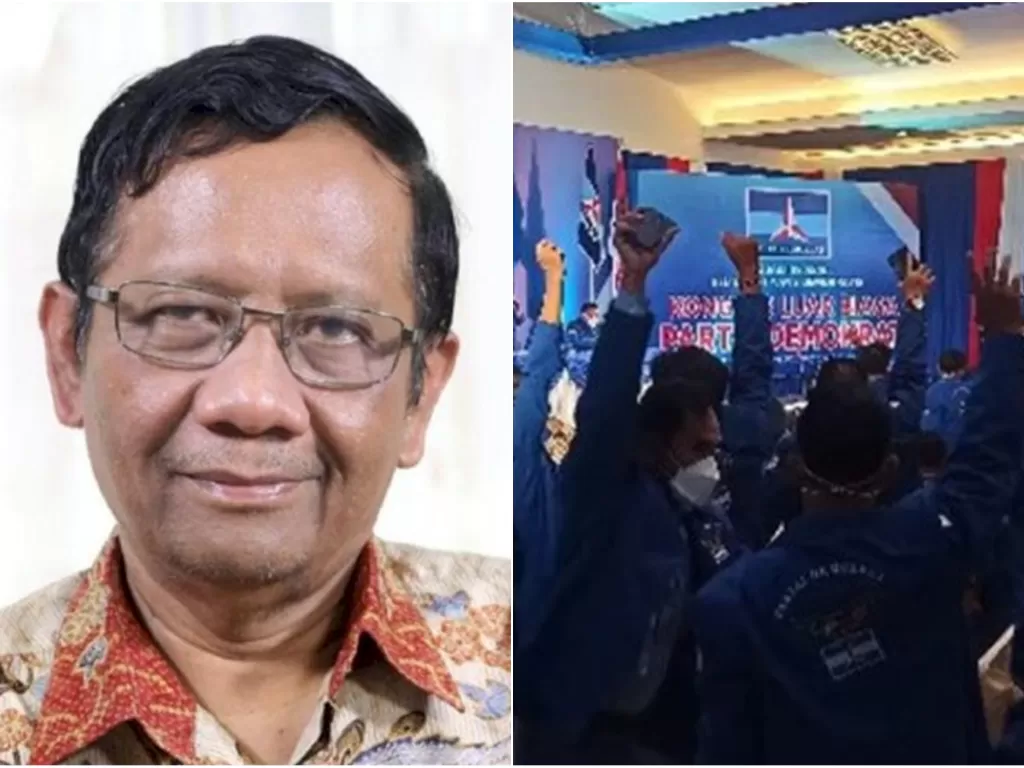 Kolase foto Menko Polhukam Mahfud MD dan suasana KLB Partai Demokrat di Sibolangit, Deliserdang, Sumatera Utara (ANTARANEWS)