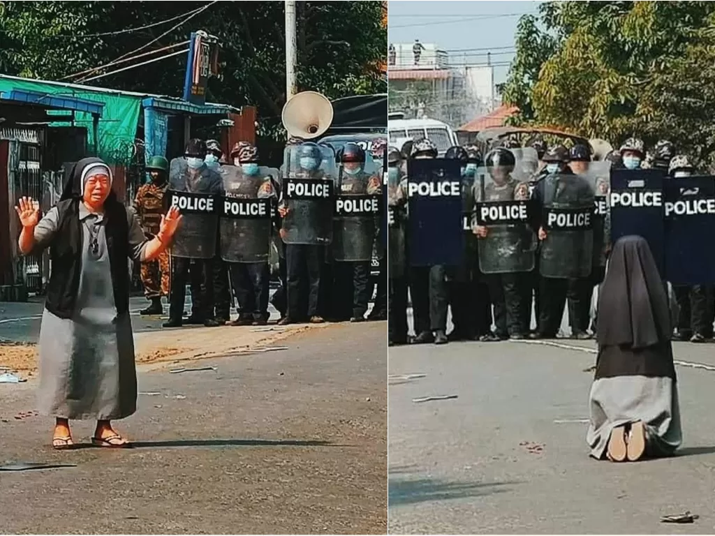Suster berlutut di hadapan militer Myanmar (Twitter/@htinkthu)