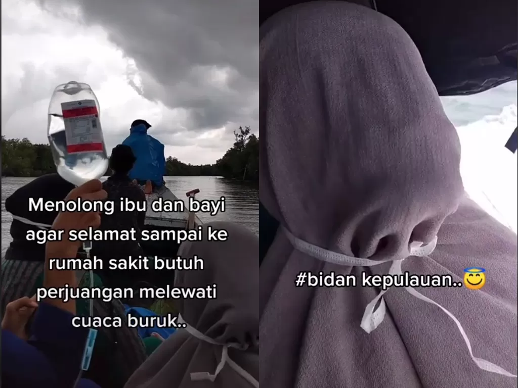  Video viral yang memperlihatkan bidan yang terjan ombak demi selamatkan ibu dan bayi. (photo/TikTok/@ar120890)