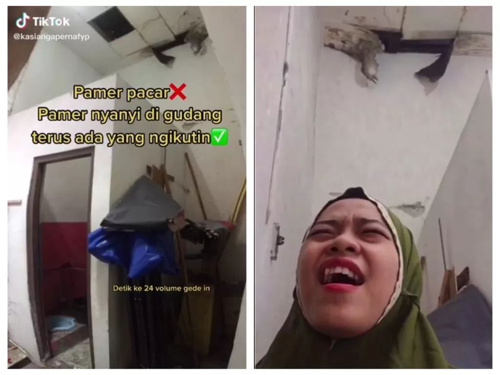 Viral wanita ngibrit usai dengar suara aneh saat nyanyi di gudang. (TikTok/@kasianngapernafyp)