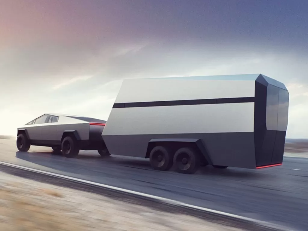 Tampilan mobil Tesla Cybertruck dengan kontainer di belakangnya (Ilustrasi/TinyShinyHome)
