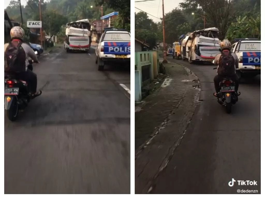 Proses evakuasi bus pariwisata Bus Sri Padma Kencana usai berhasil diangkat dari jurang di Sumedang. (TikTok/@dedenzn)
