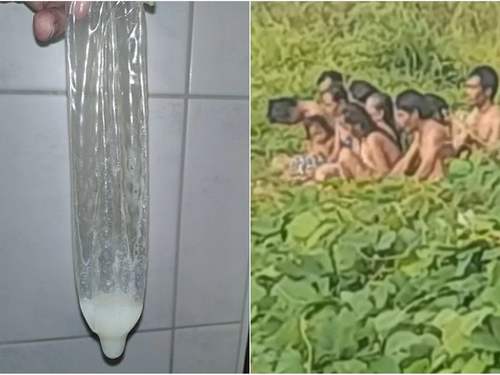 Kiri: ilustrasi kondom; kanan: Pengikut aliran hakekok balatasutak di Pandeglang mandi bersama telanjang bulat di rawa-rawa. (ist)