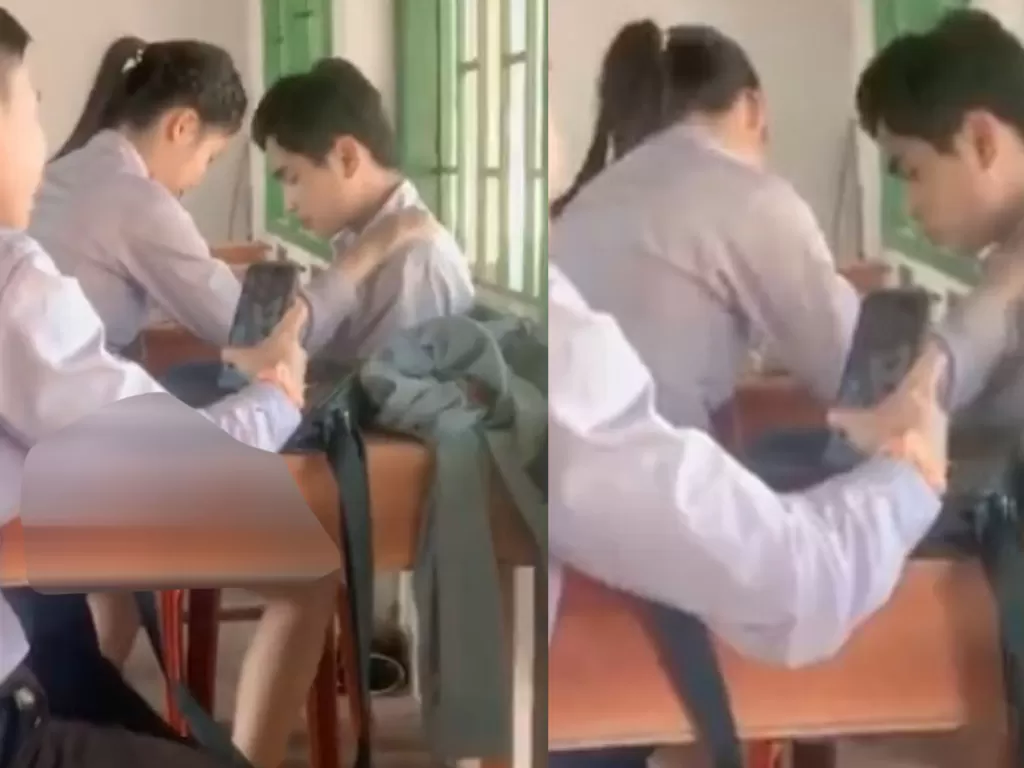 Tangkapan layar pelajar yang asyik woman on top di dalam kelas. (Instagram/@dagelancendol)