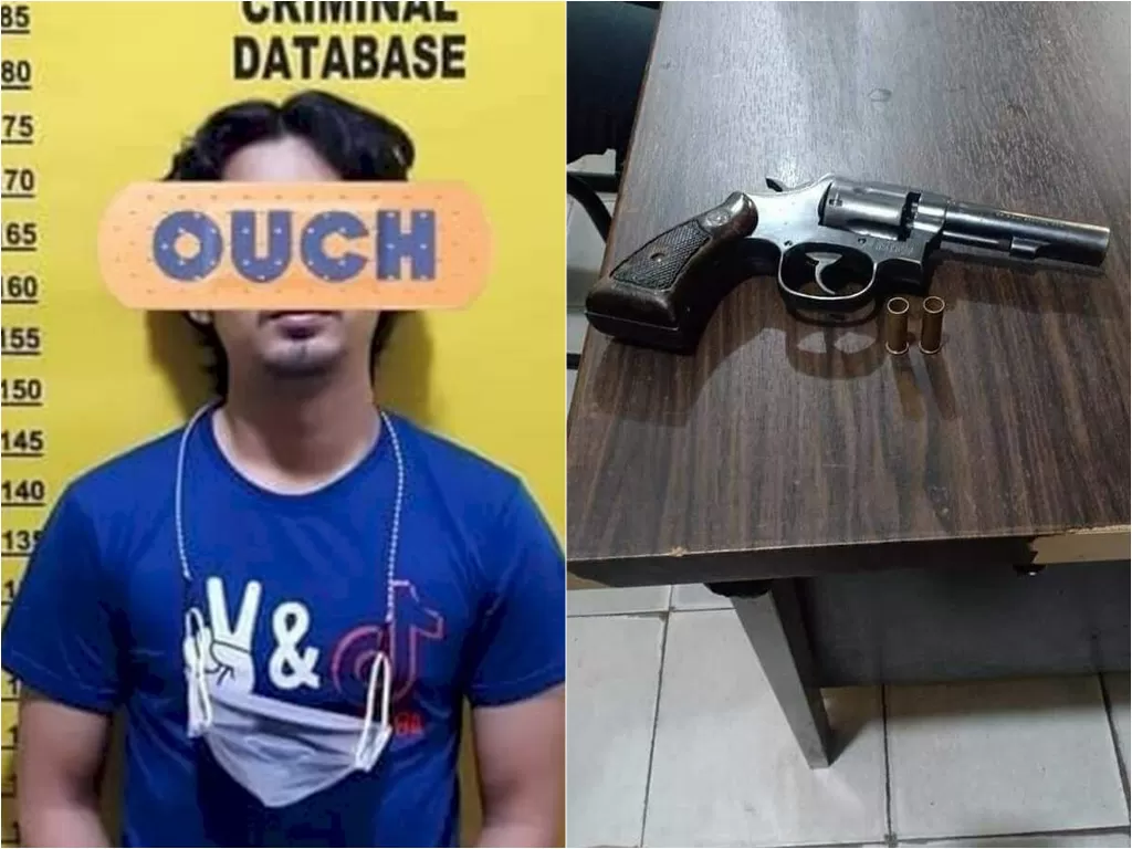 Pelaku dan barang bukti oknum polisi tembak wanita di Pekanbaru (Istimewa)