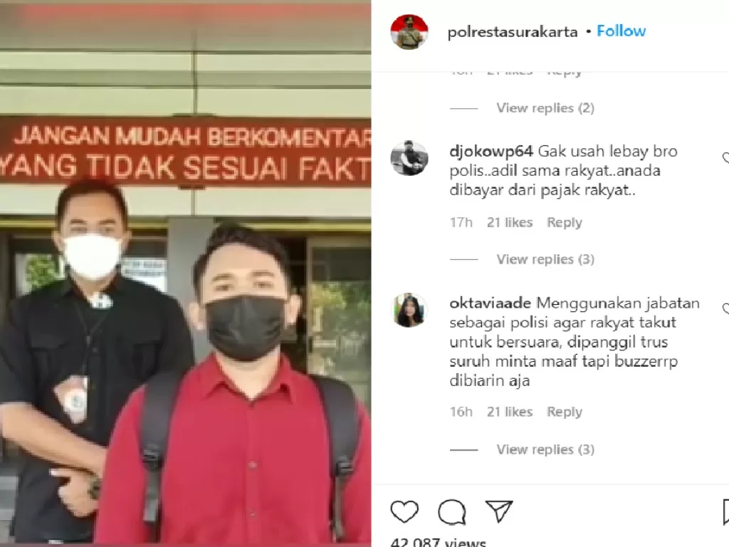 Pemuda yang diciduk Polisi Virtual dan komentar netizen yang sindir polisi. (Instagram @PolrestaSurakarta).