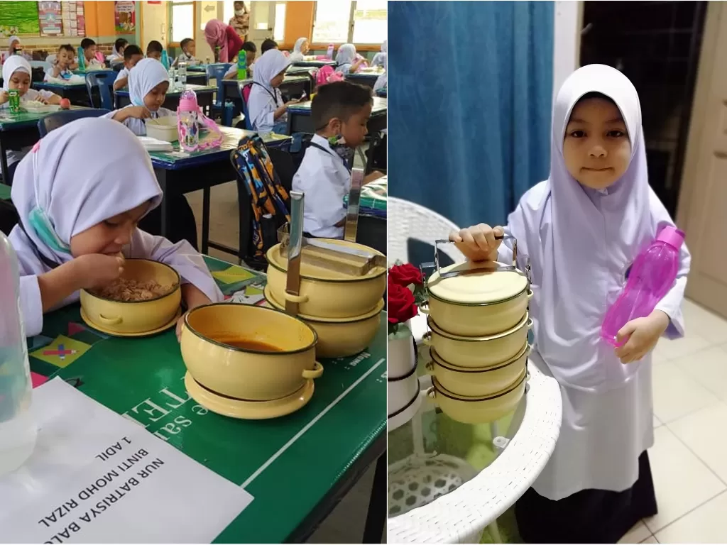 Bocah SD bawa rantang makanan ke sekolah (Facebook/Hasimah Abdullah)