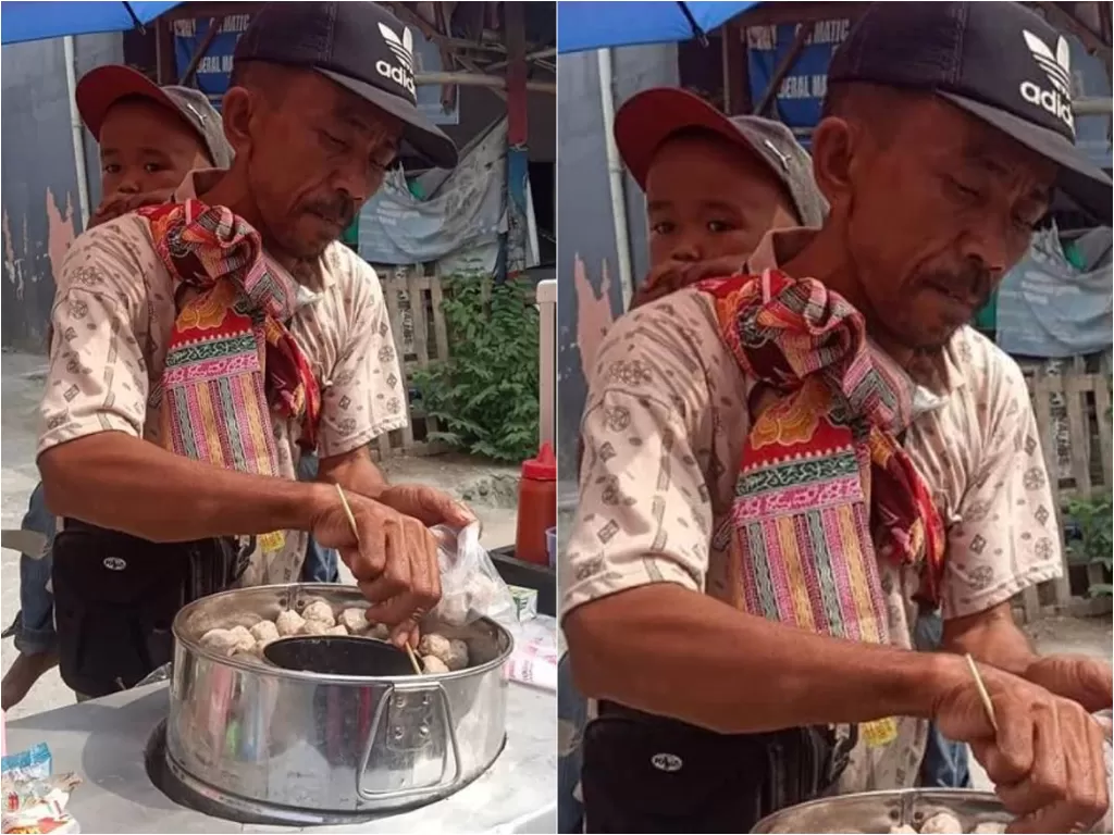 Bapak penjual bakso tusuk yang sehari-hari berjualan sambil menggendong anak (Instagram/igtainmenttt)
